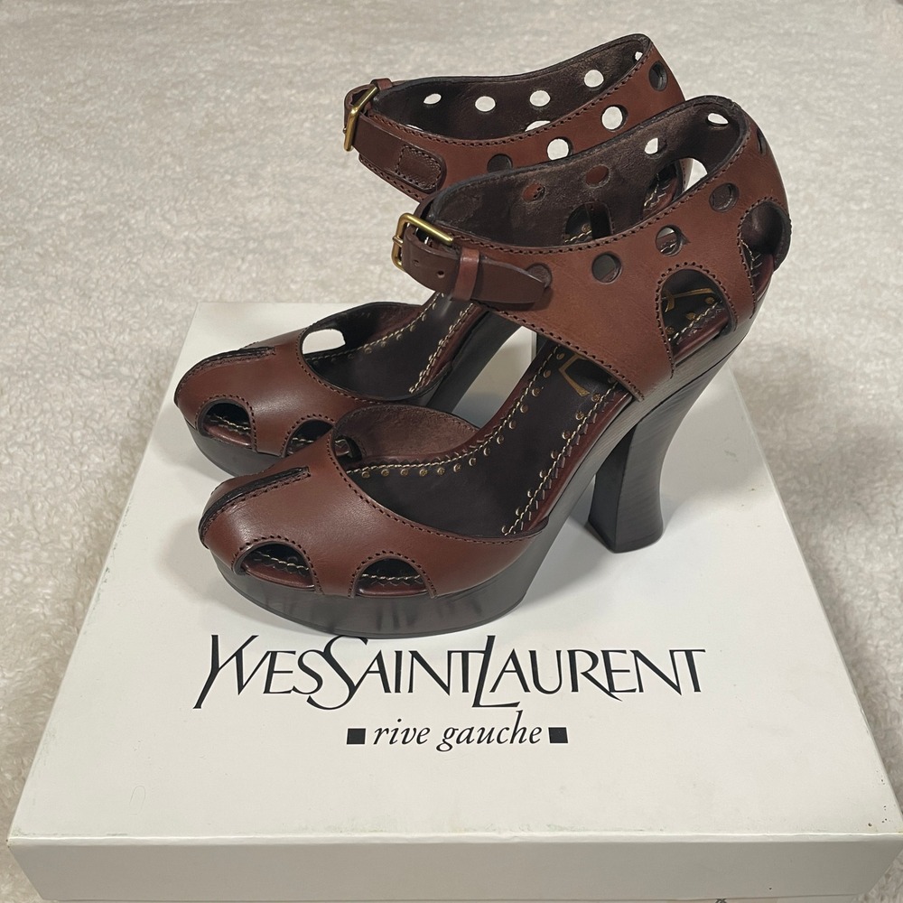 Yves Saint Laurent Platform Sandals Heels Brown Leather Cut-Out Dorsey 37 6.5
